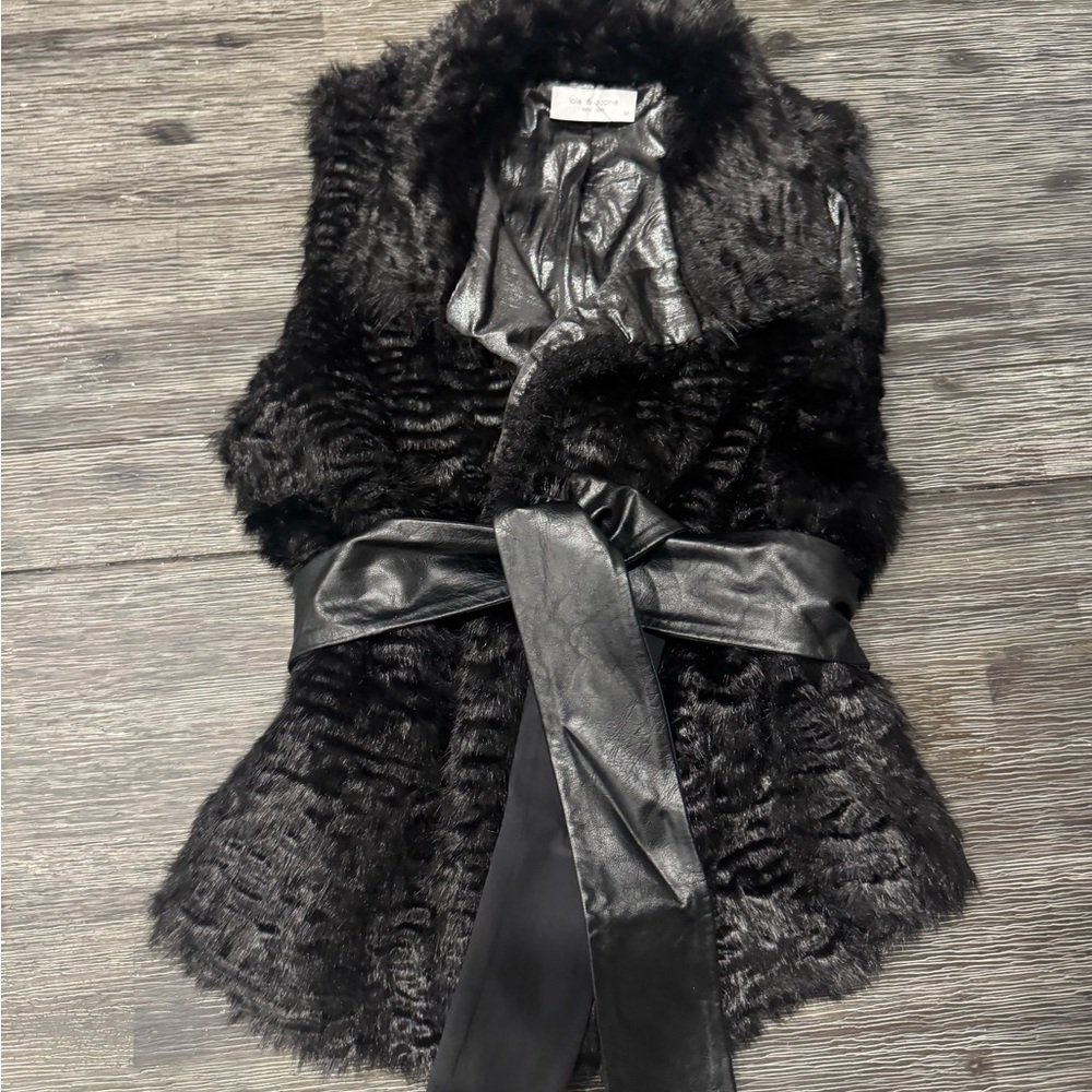 Lola & Sophie Black Faux Fur Vest with Satin Belt